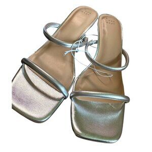 A‎ New Day Silver Heeled Sandals Block Heel Square Toe Strappy Size 12 NIB
